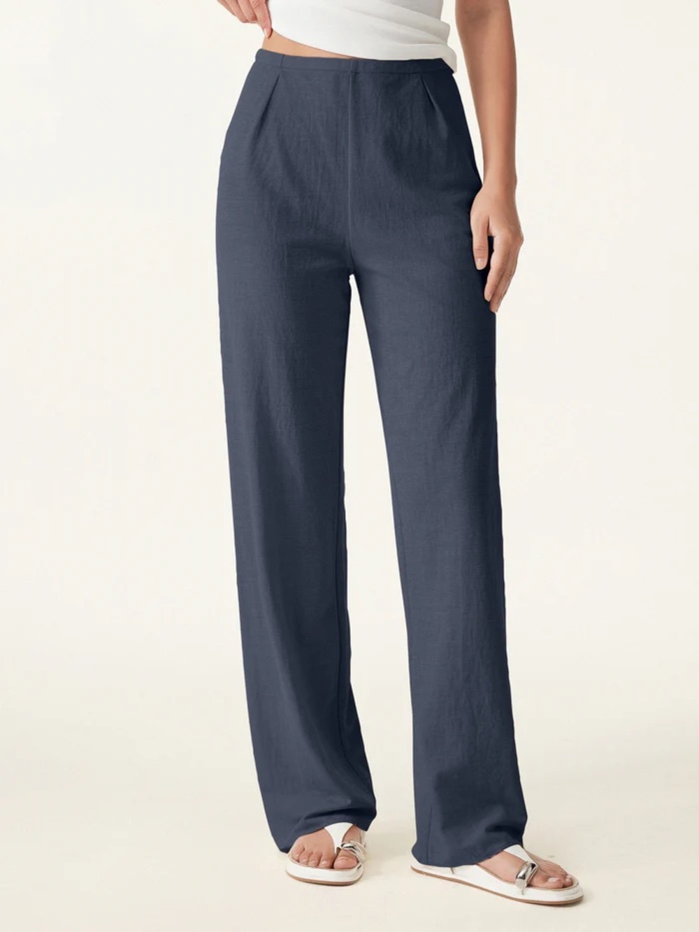 NWT OGL Cotton Linen Wrinkle-resistant Mid Rise Straight Leg Pant in Navy